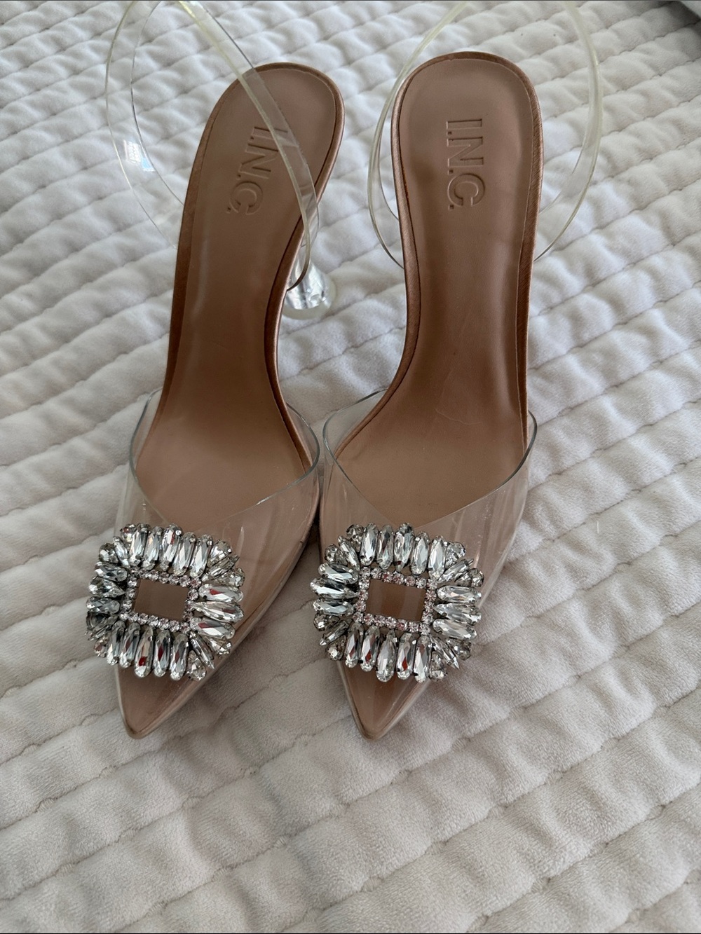 INC International Concepts Nude Pointed PVC Slingback Heels with Crystal Buckle